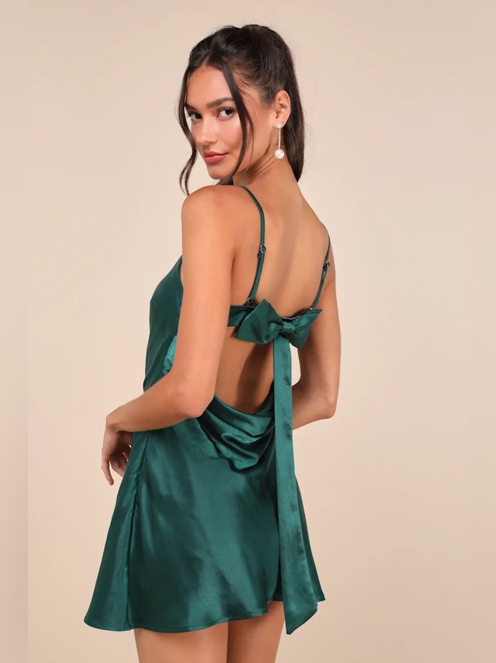 New Lulus Sincerest Elegance Emerald Satin Cowl Back Bow Mini Dress Size Large